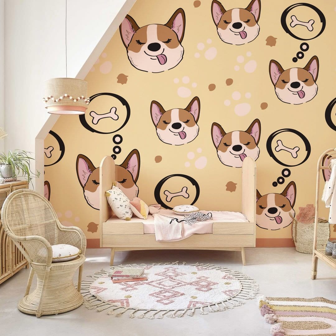 Corgi Pattern Wallpaper Mural for Use in the Decoration of a Nursery Room