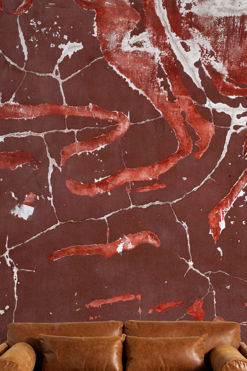 Wall Mural Decoration Featuring Cracked Red Paint on the Wall for Use in the Hallway