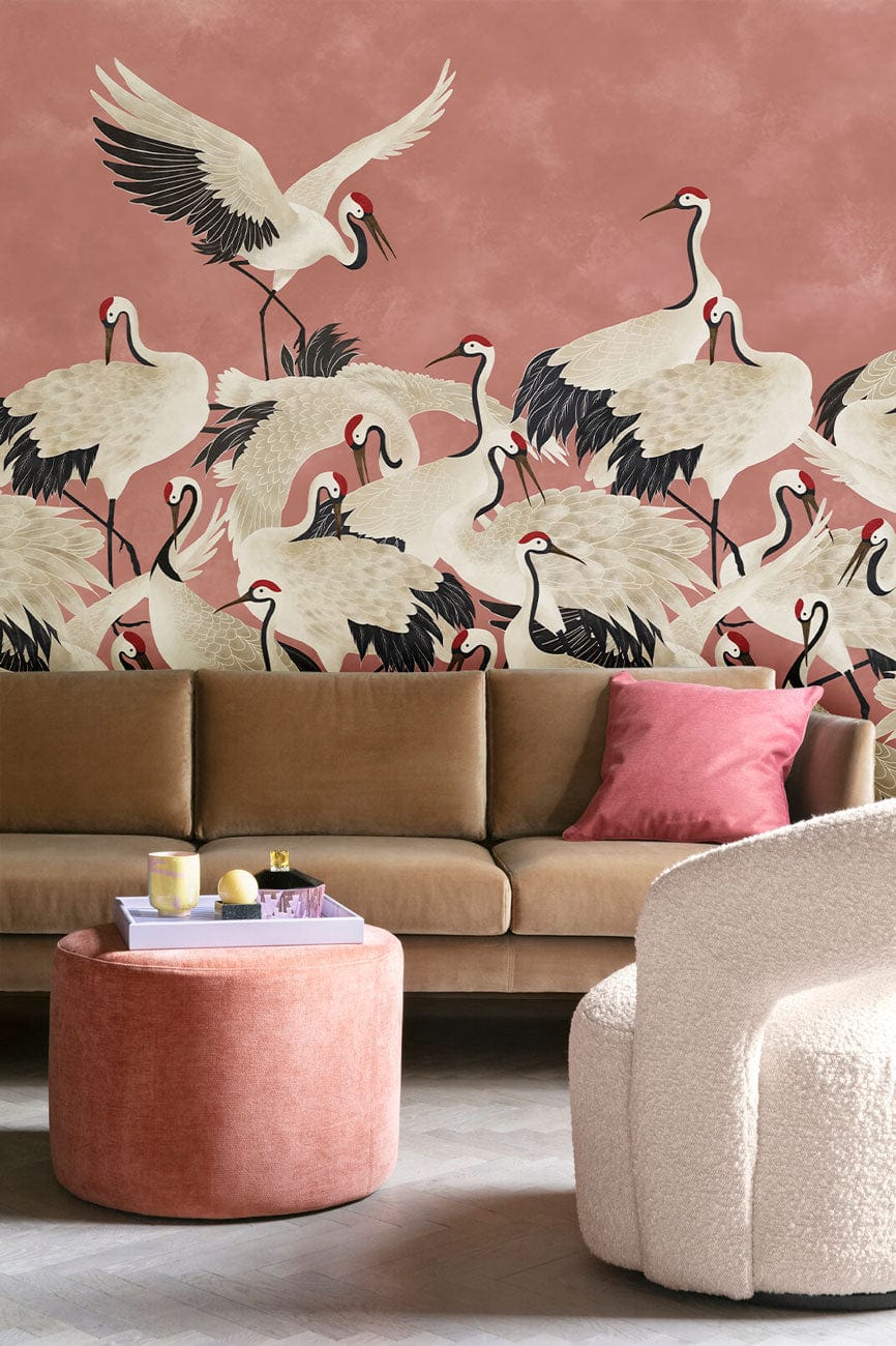 Cranes on Pink Wallpaper Mural for Decorating the Living Room