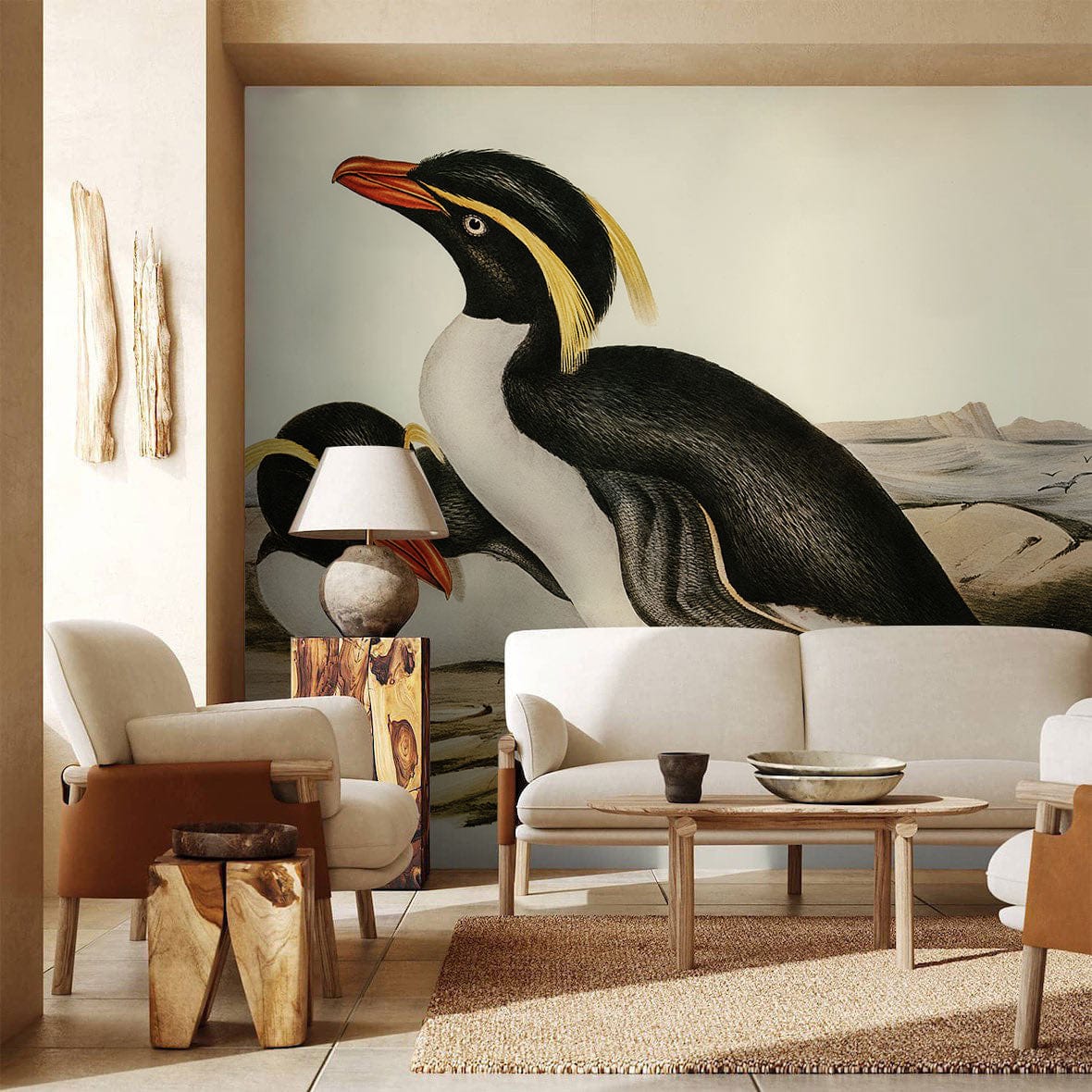 Vintage Puffin Bird Illustration Mural Wallpaper in living room