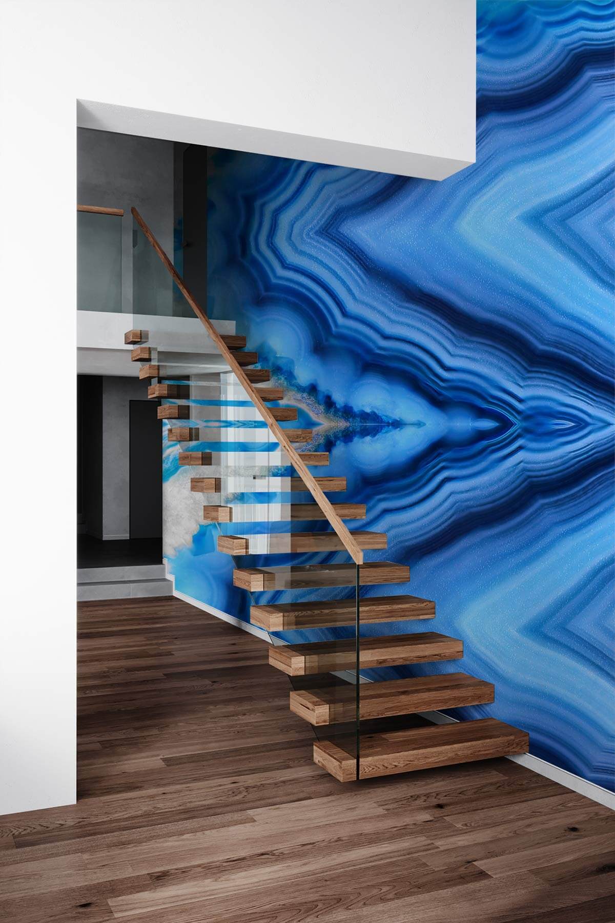 Abstract Blue Agate Geometric Mural Wallpaper in hallway