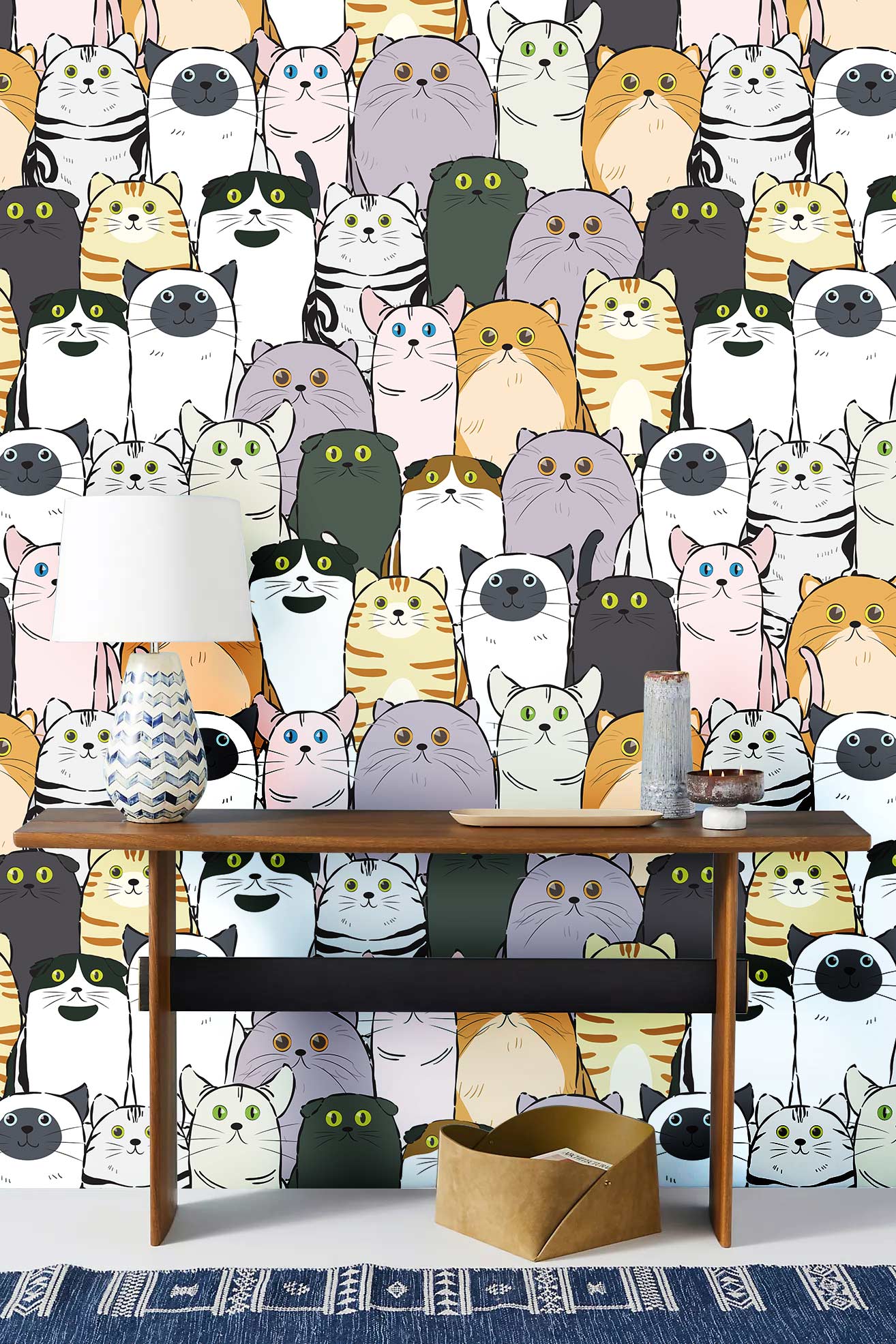 Colorful Whimsical Cat Mural Wallpaper in living room