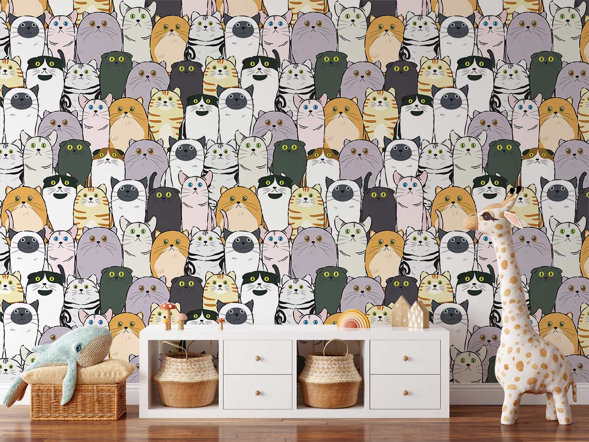 Colorful Whimsical Cat Mural Wallpaper in children's room