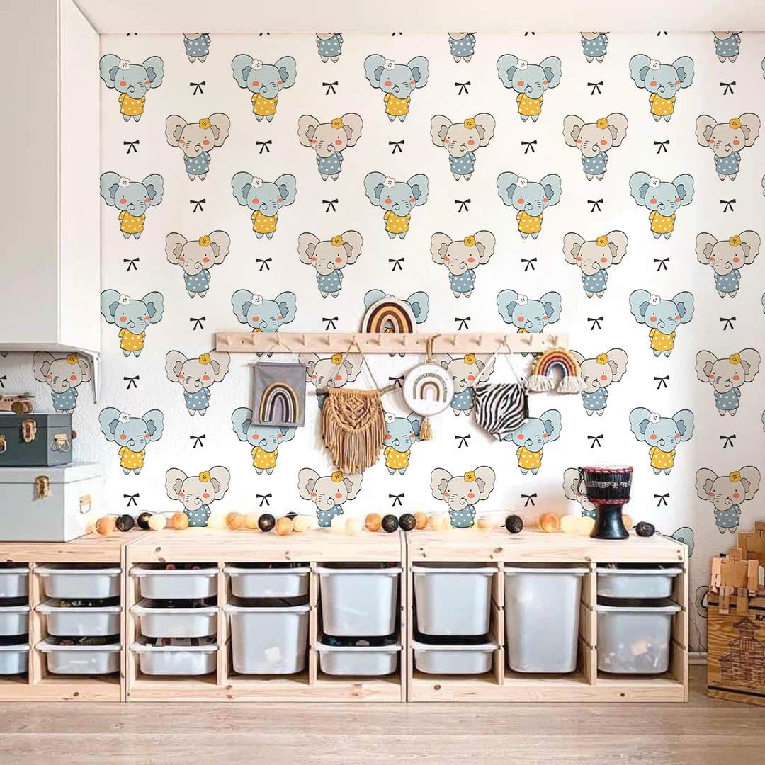 Cute Blue Elephant Nursery Mural Wallpaper in playroom