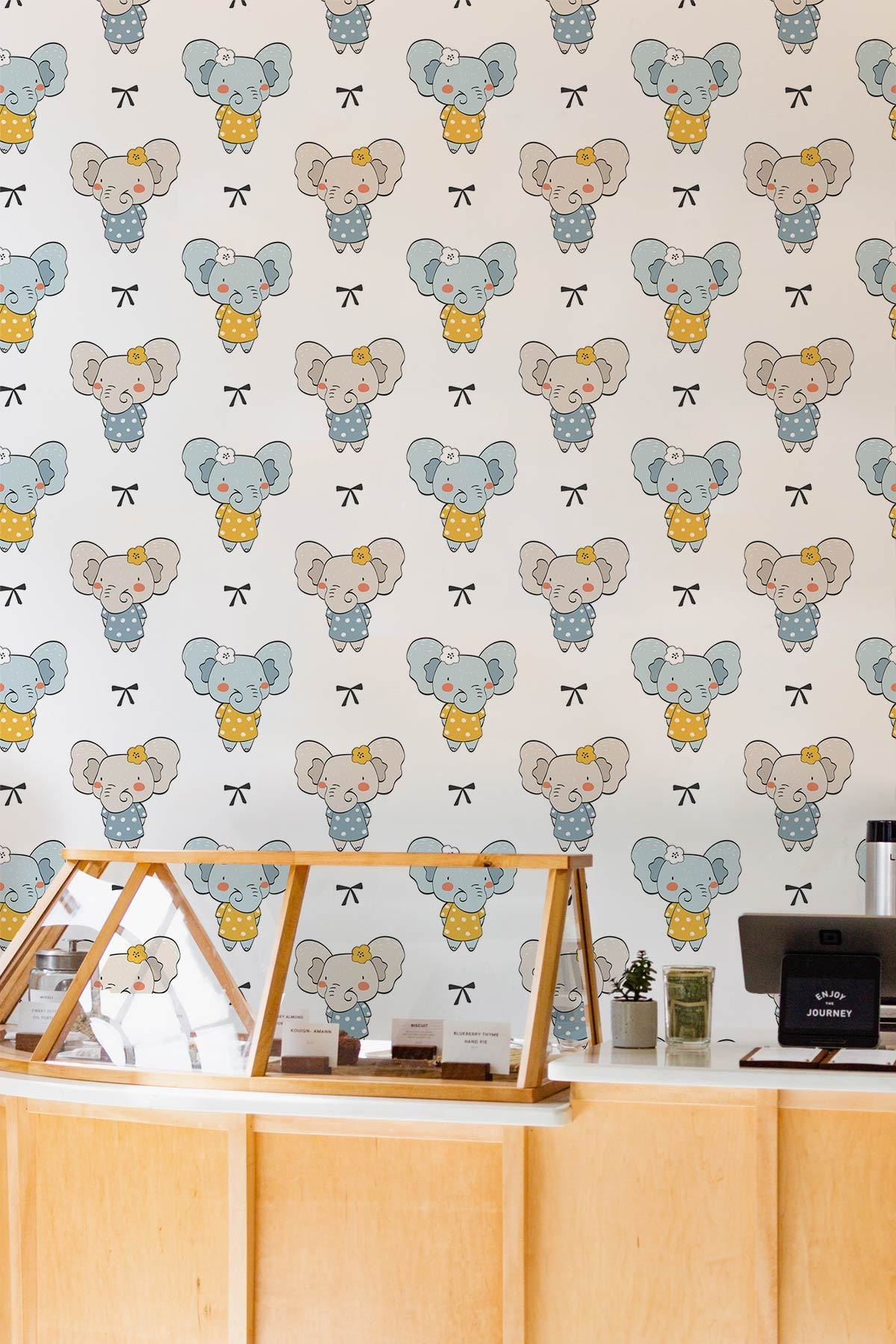 Cute Blue Elephant Nursery Mural Wallpaper in restaurant setting
