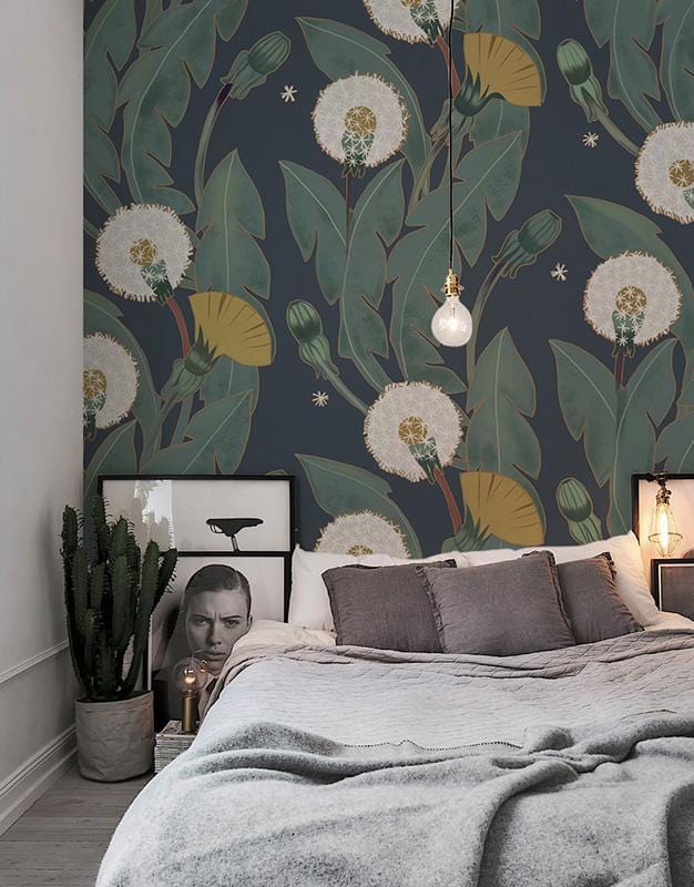 Wallpaper mural featuring dandelions and leaves for use in bedroom decor