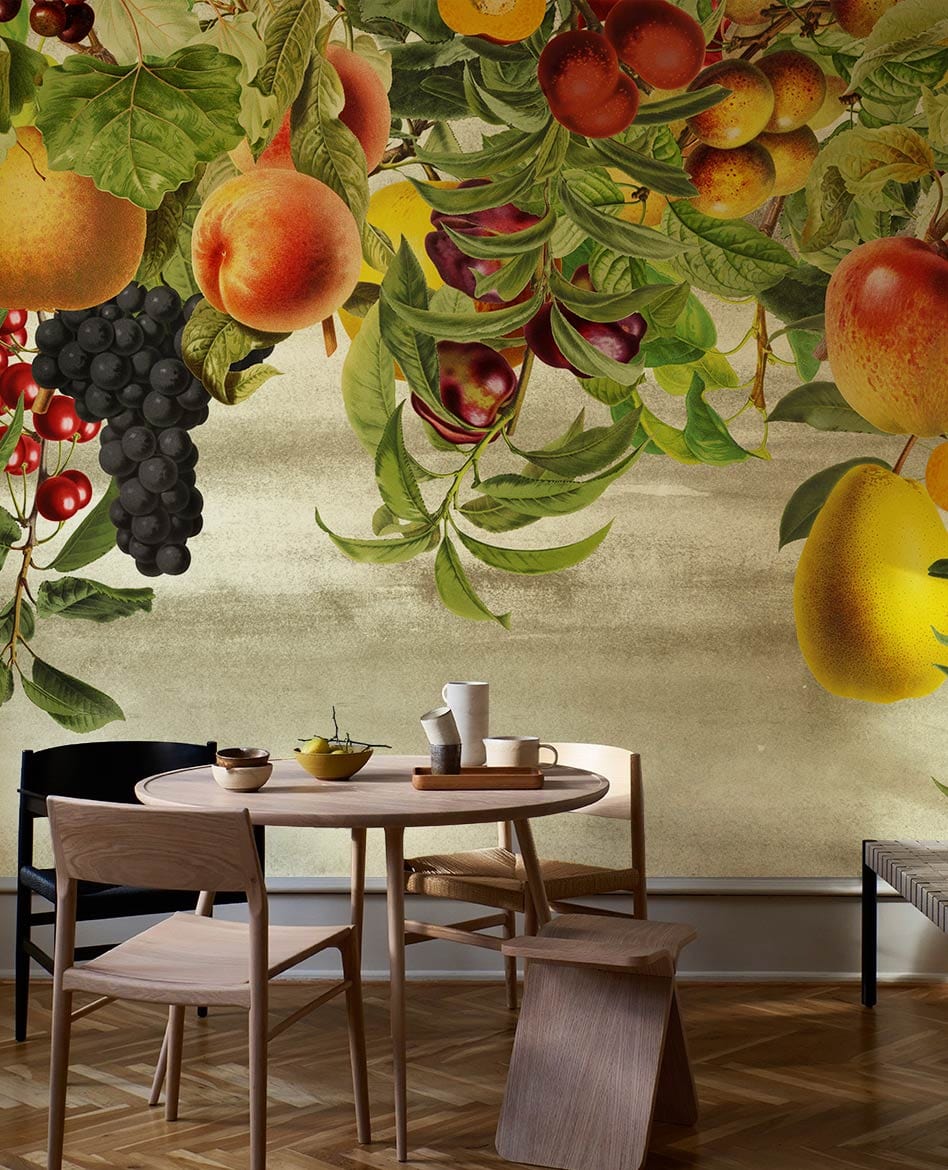 Vibrant Botanical Fruit Garden Mural Wallpaper in dining room
