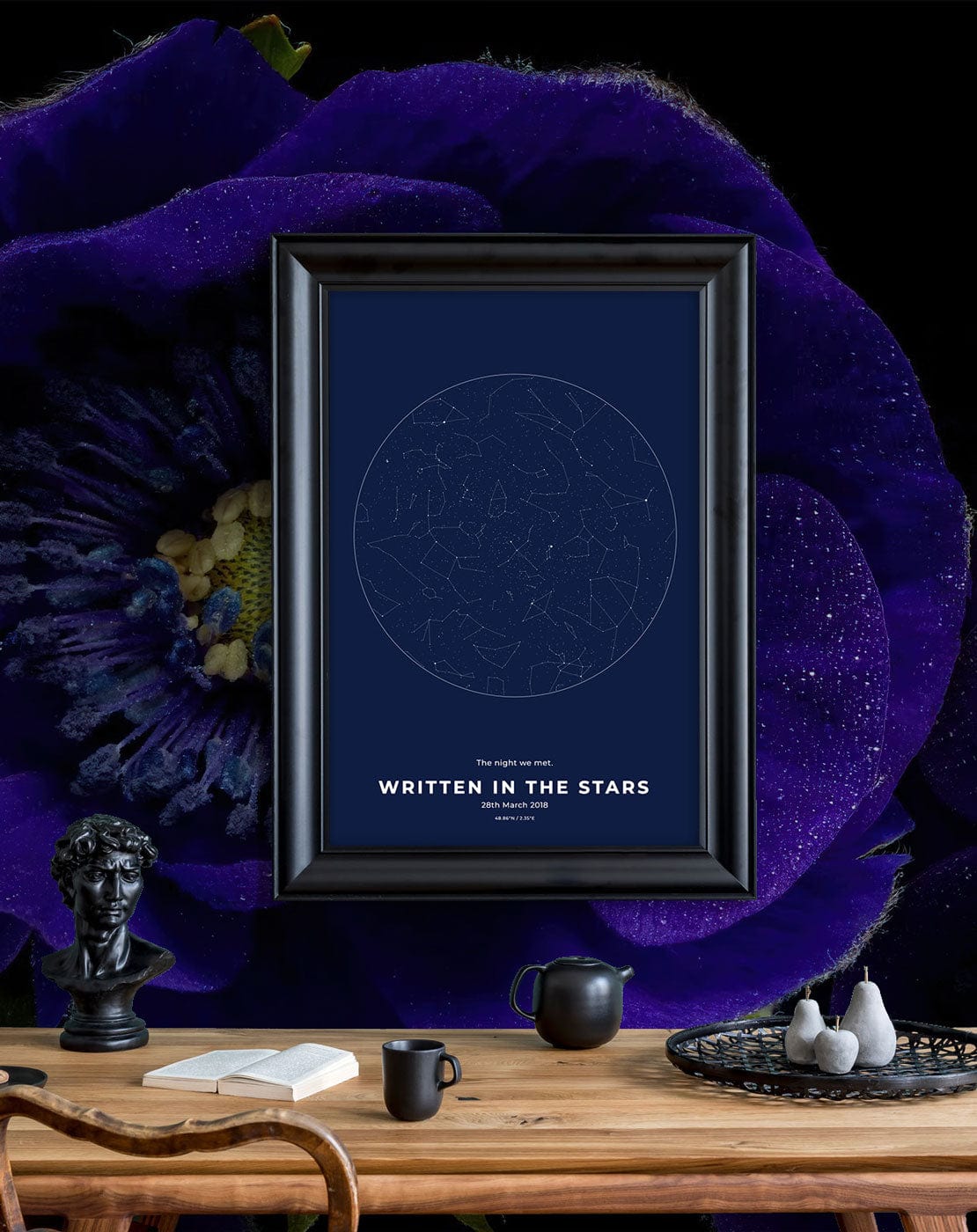 Wallpaper mural featuring a dark blue anemone design for the dining room.