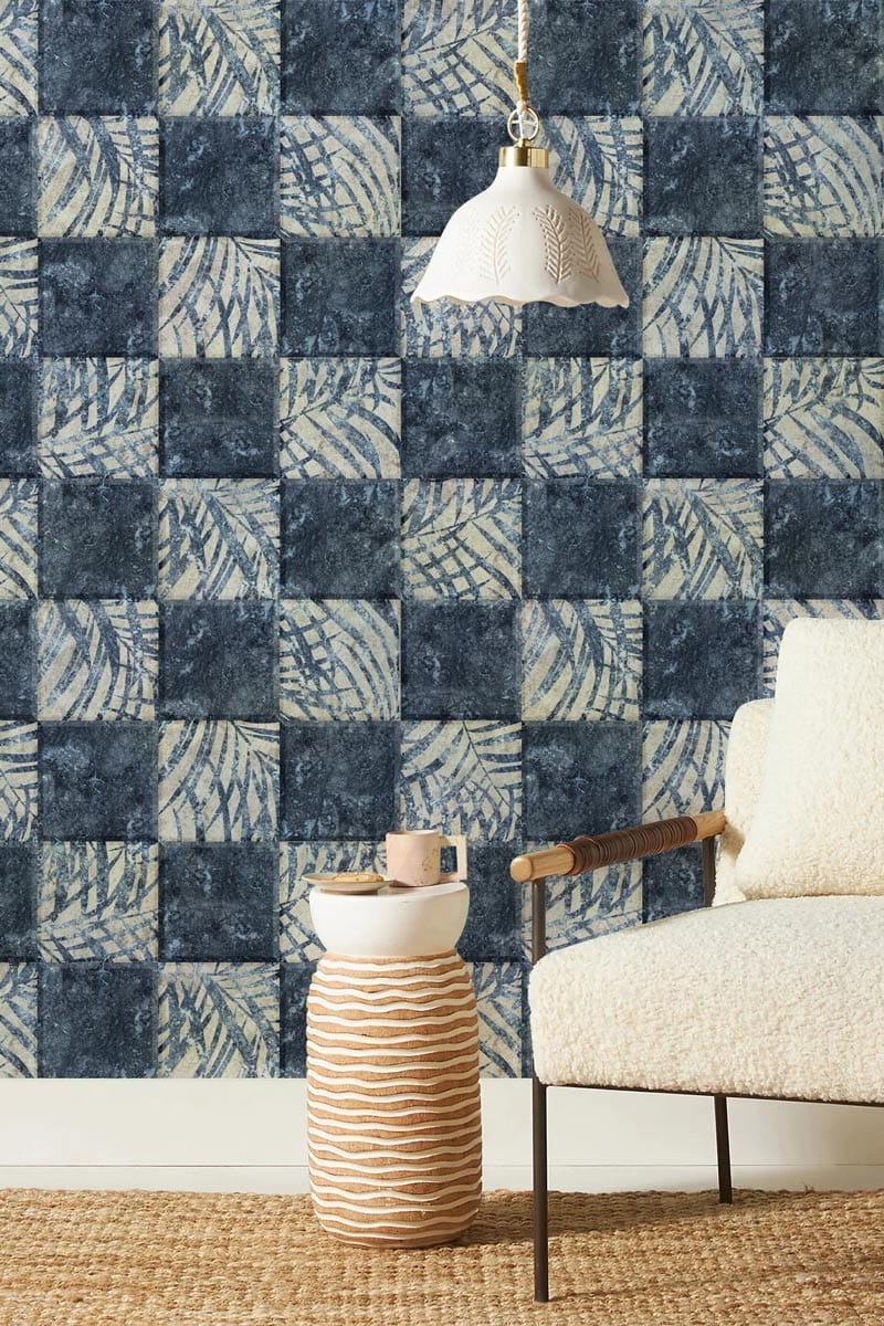 blue leaves pattern in tile mural lounge