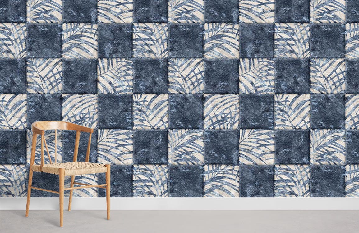 dark blue leaves squre tile wall mural