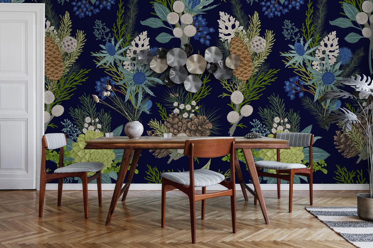 Wallpaper mural featuring a dark flower bouquet design, perfect for decorating the dining room.