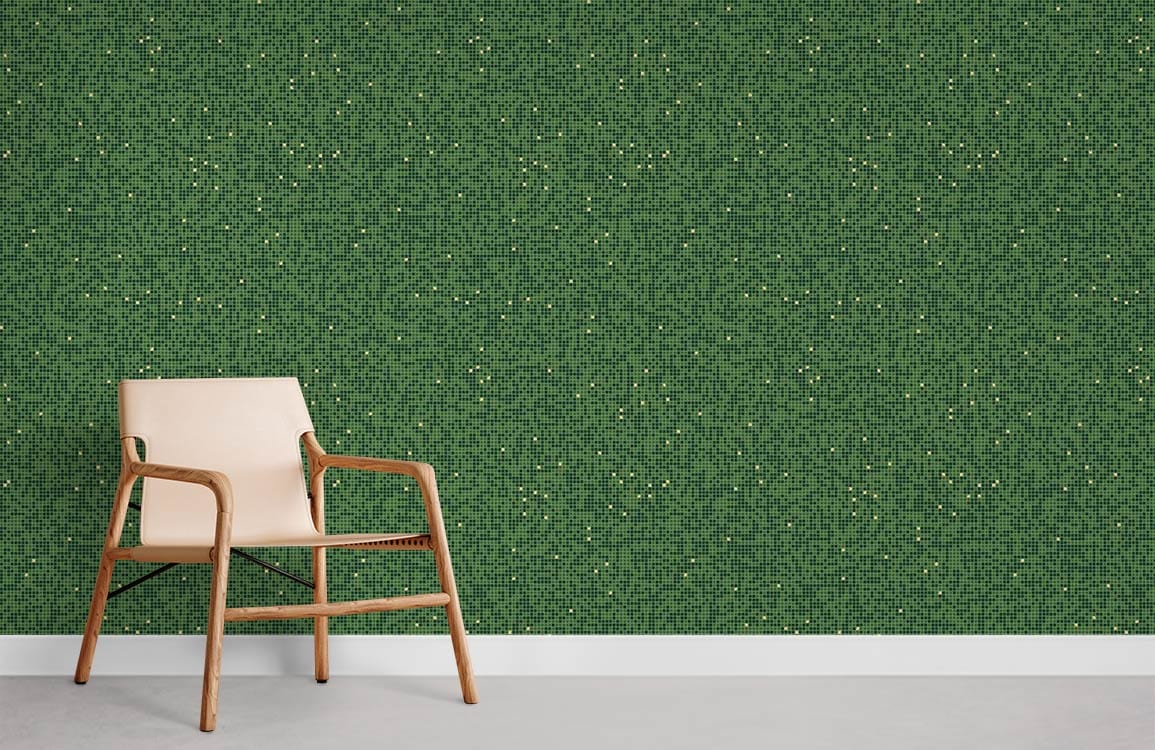 Mural room covered with dark green mosaic wallpaper.