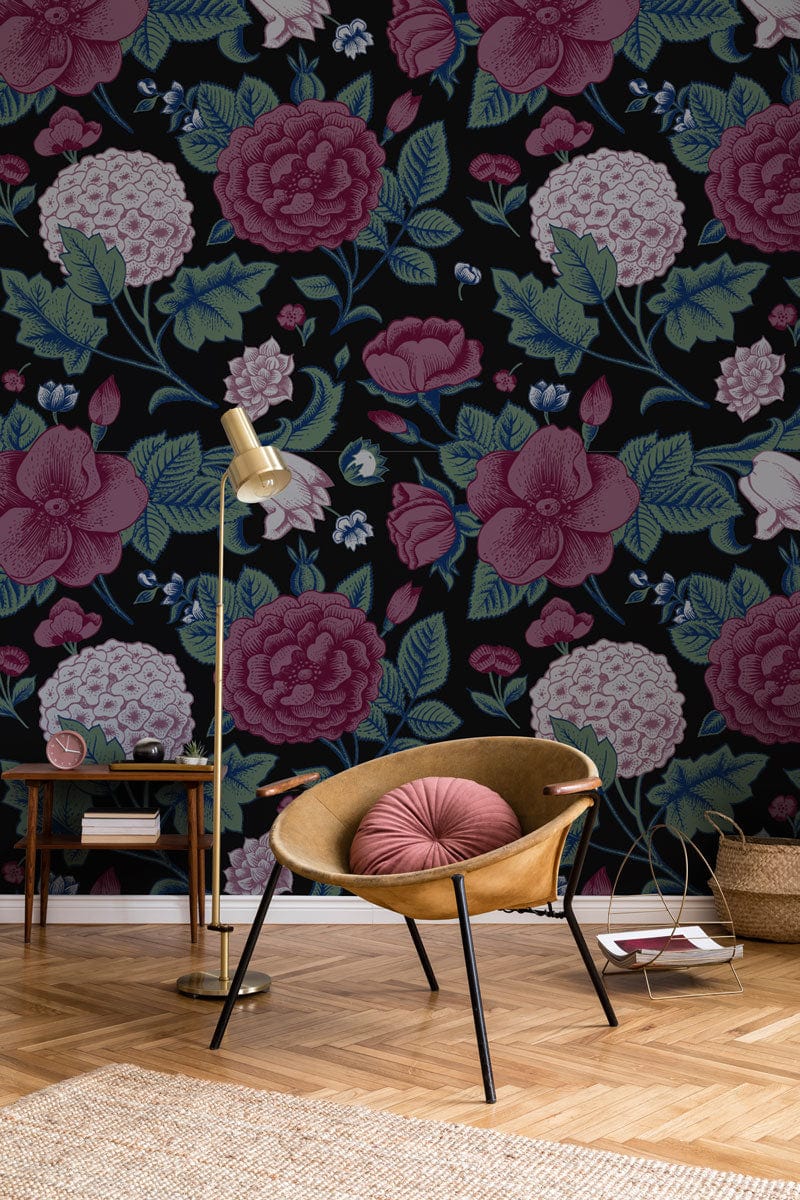 Wallpaper mural with a dark hydrangea bouquet design for the hallway's decor