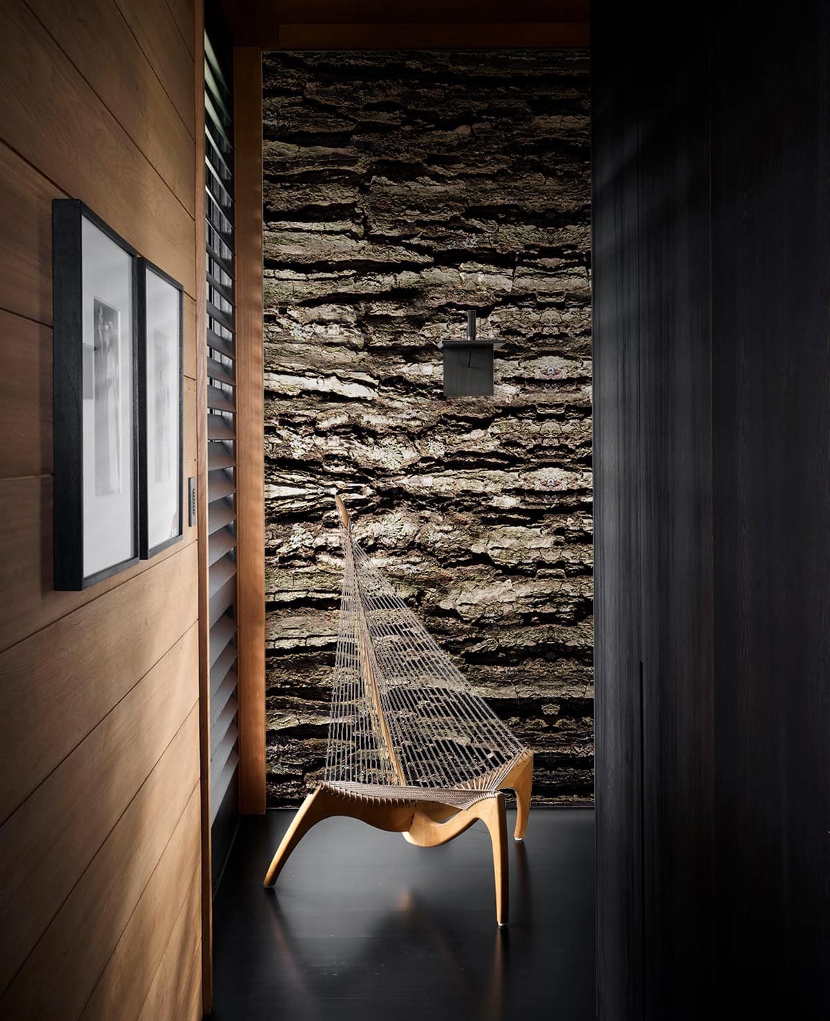 Rustic Textured Bark Mural Wallpaper in living room
