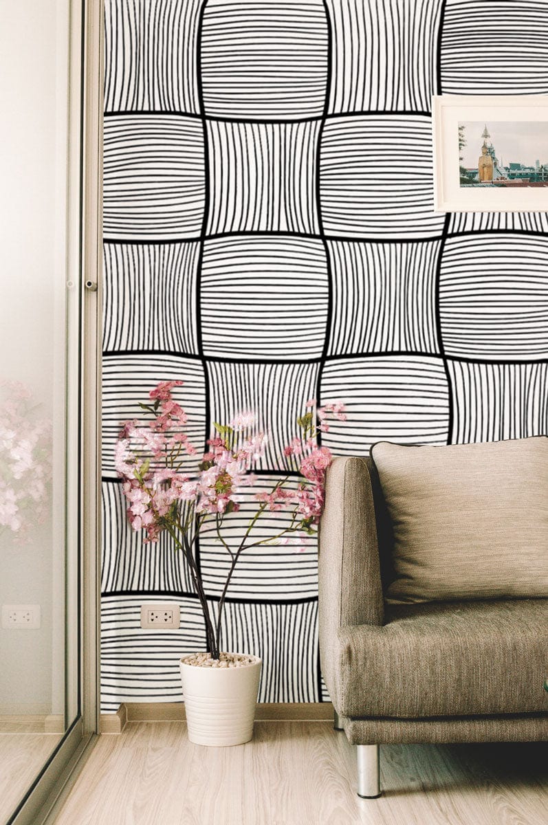 Modern Geometric Black White Dazzle Squares Wallpaper in living room