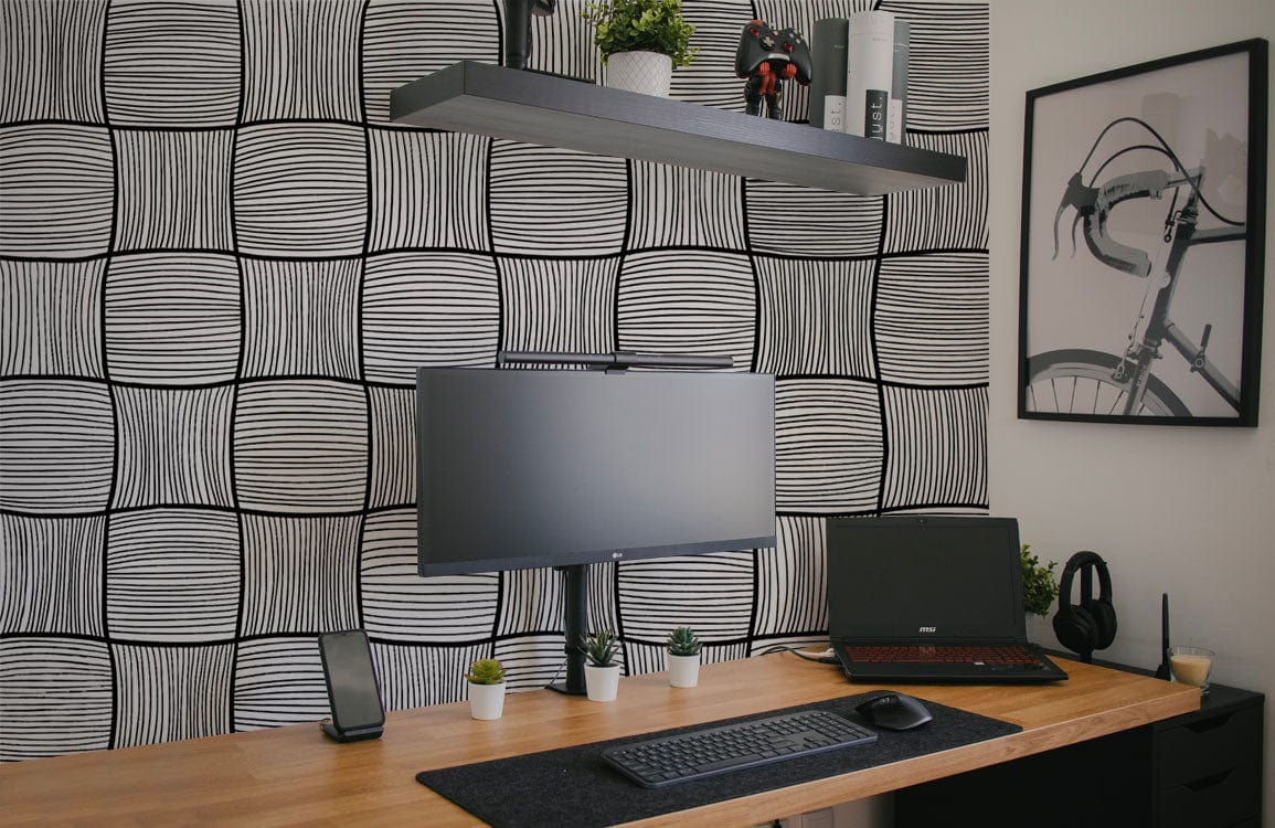 Modern Geometric Black White Dazzle Squares Wallpaper in office