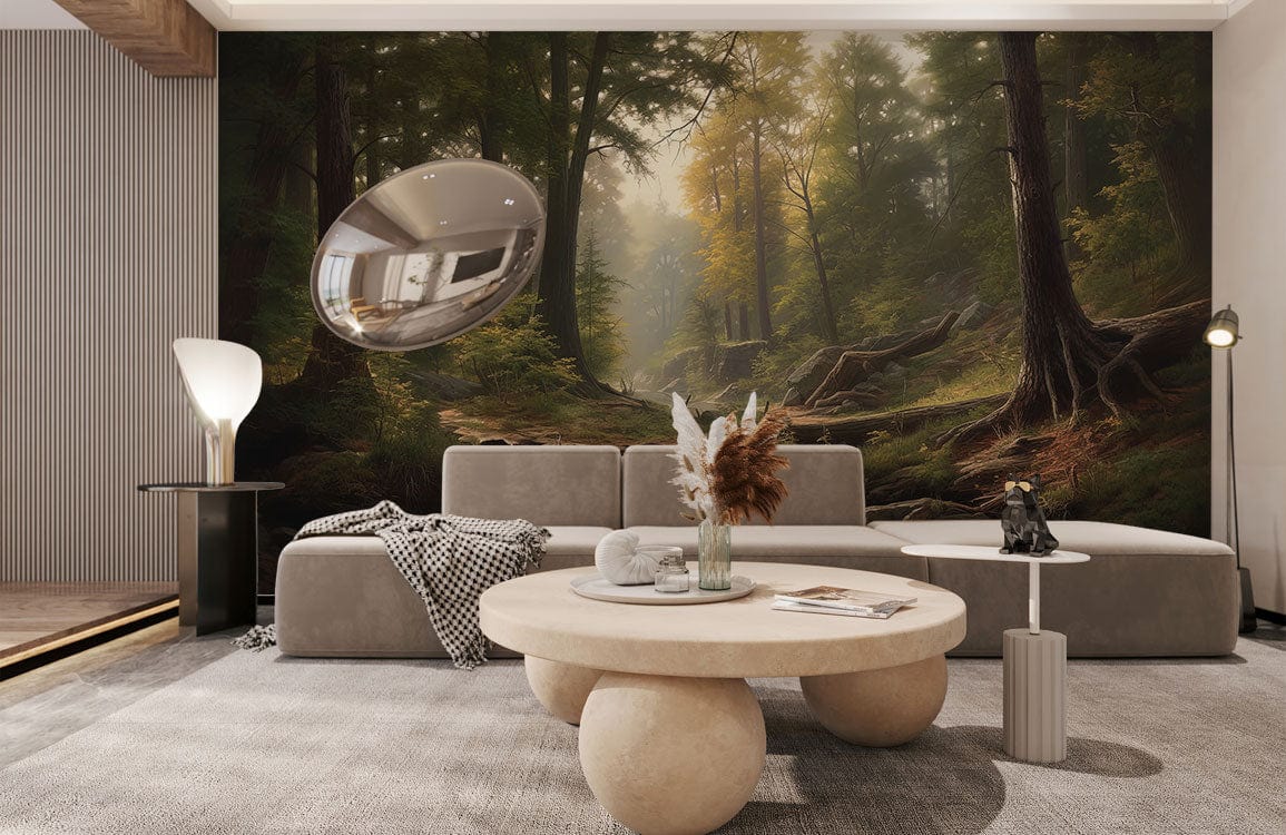 Enchanted Forest Stream Landscape Mural Wallpaper in living room