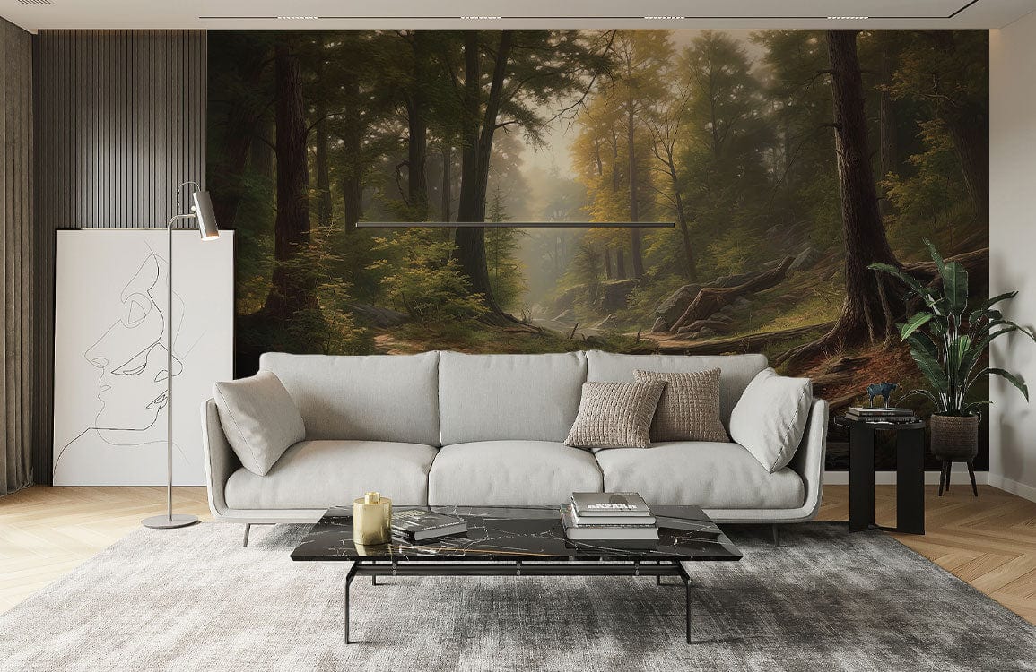 Enchanted Forest Stream Landscape Mural Wallpaper in living room