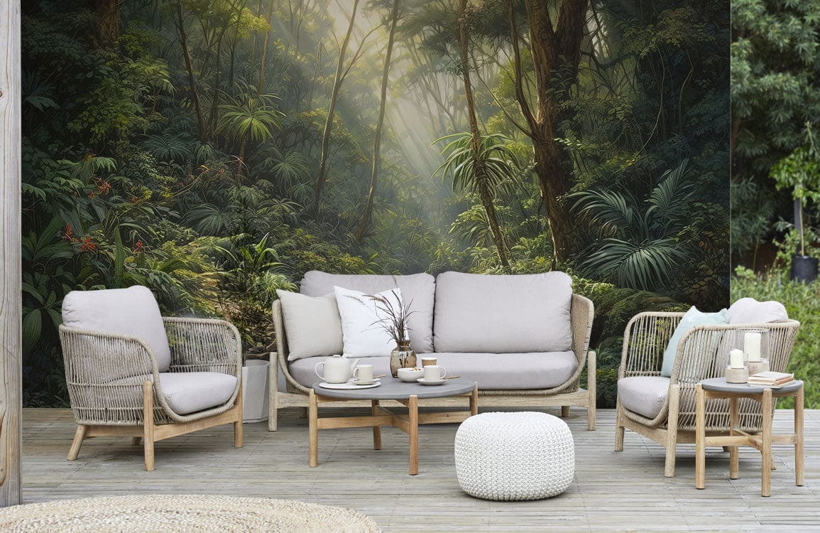 Tropical Jungle Light Rays Mural Wallpaper in living room