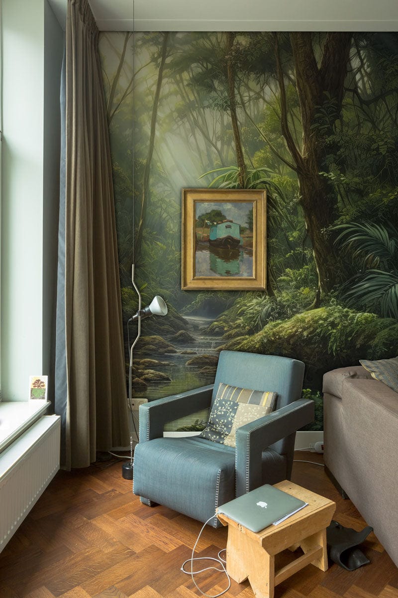 Tropical Jungle Light Rays Mural Wallpaper in living room