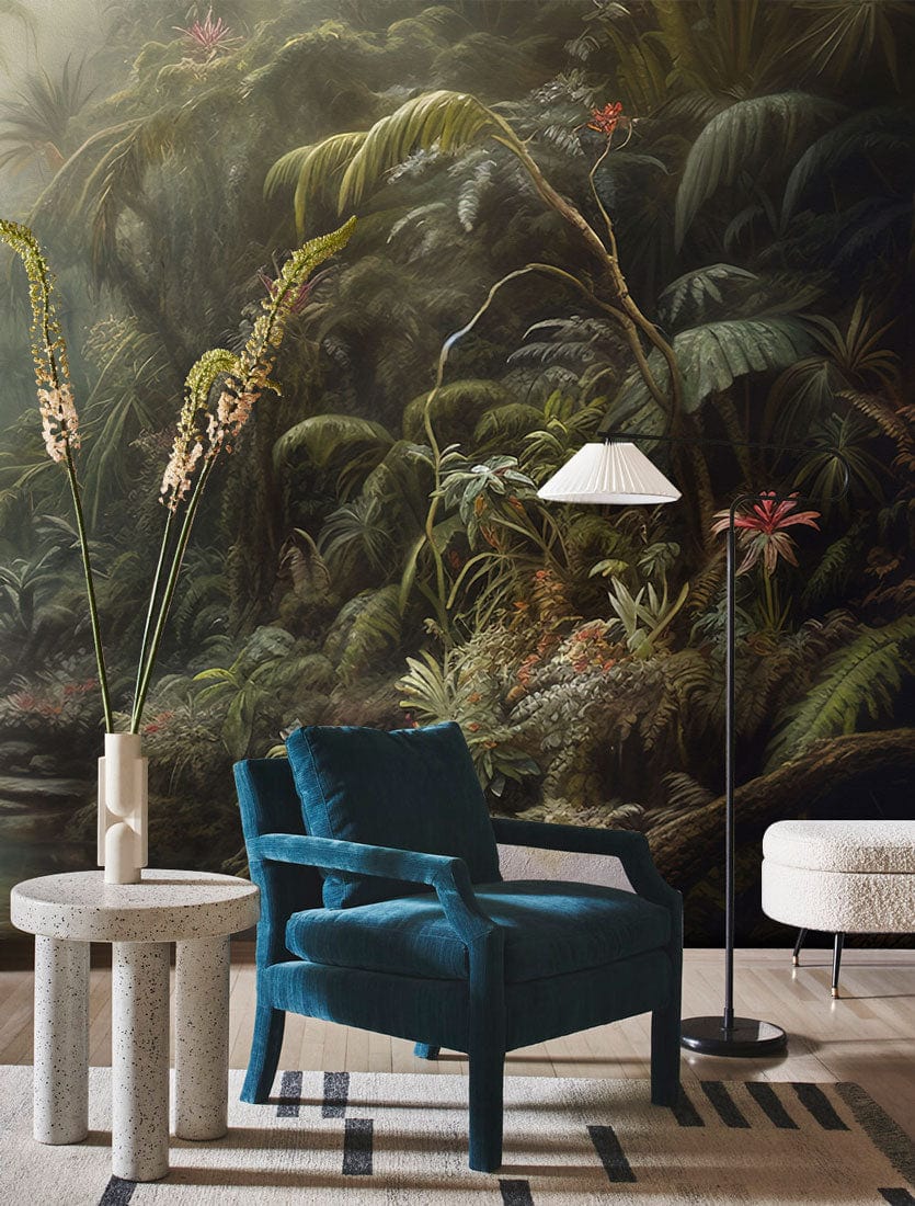 Mystic Jungle Watercolor Mural Wallpaper in living room