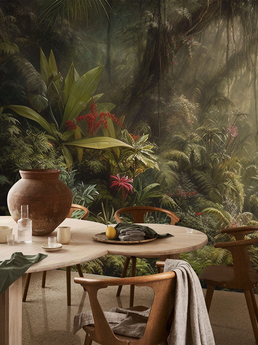 Mystic Jungle Watercolor Mural Wallpaper in dining room