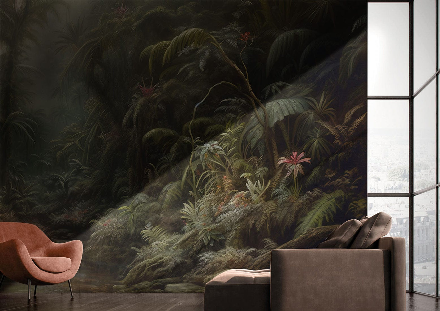 Mystic Jungle Watercolor Mural Wallpaper in living room
