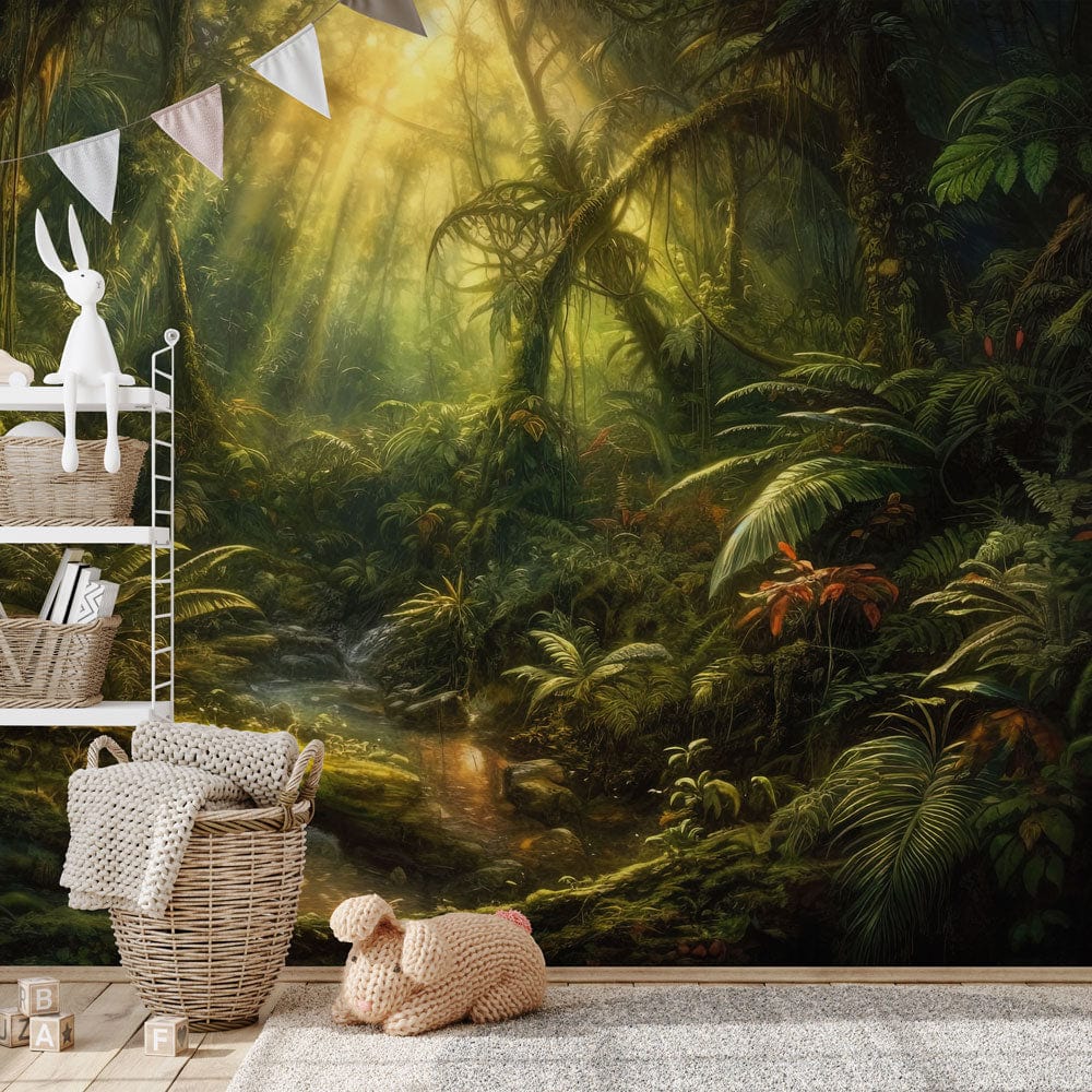 Tropical Jungle Sunrise Nature Mural Wallpaper in child's room