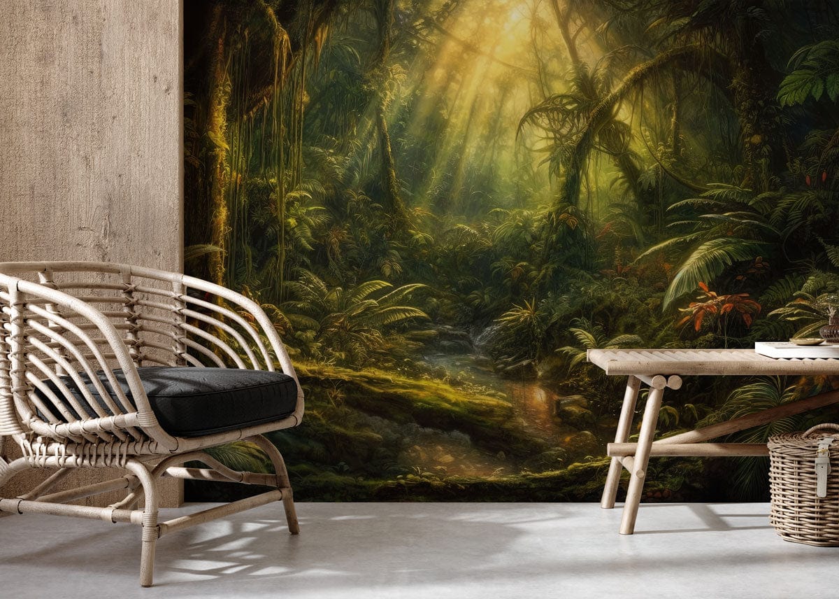 Tropical Jungle Sunrise Nature Mural Wallpaper in living room