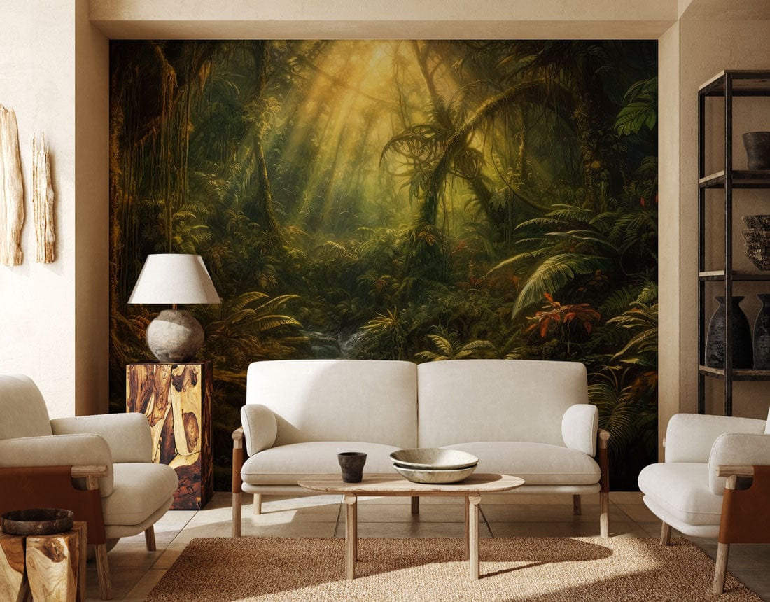 Tropical Jungle Sunrise Nature Mural Wallpaper in living room