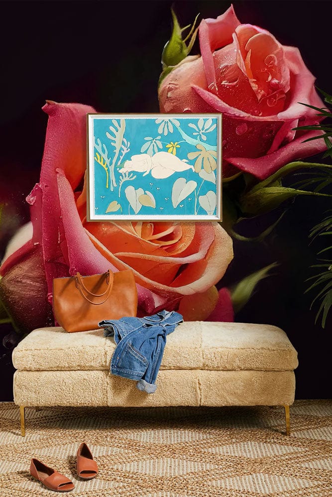 Mural Wallpaper with Dew Drops on Roses, Perfect for a Foyer