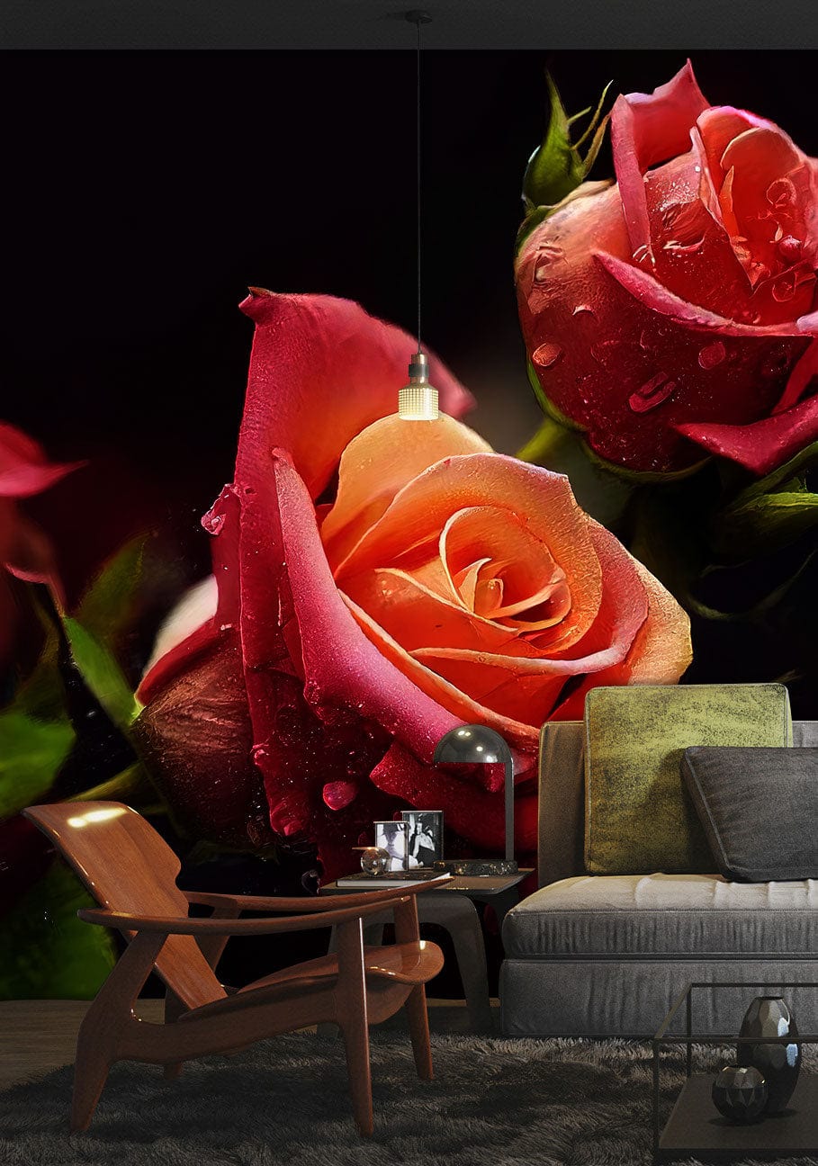 Decorate your living room with this beautiful Dew on Roses wallpaper mural.