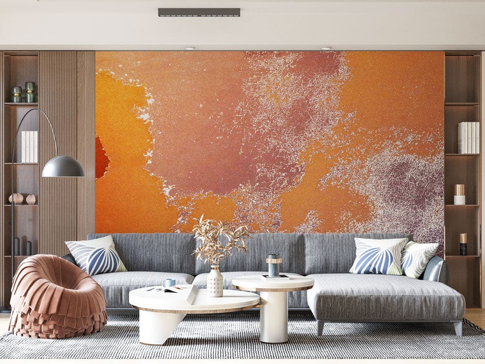Wallpaper mural with a distressed red colour used for decorating the living room.