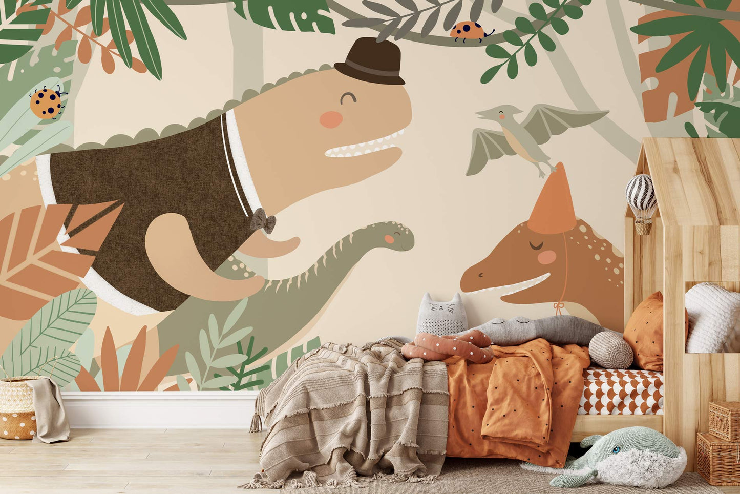 Whimsical Dinosaur Jungle Kids Mural Wallpaper in bedroom