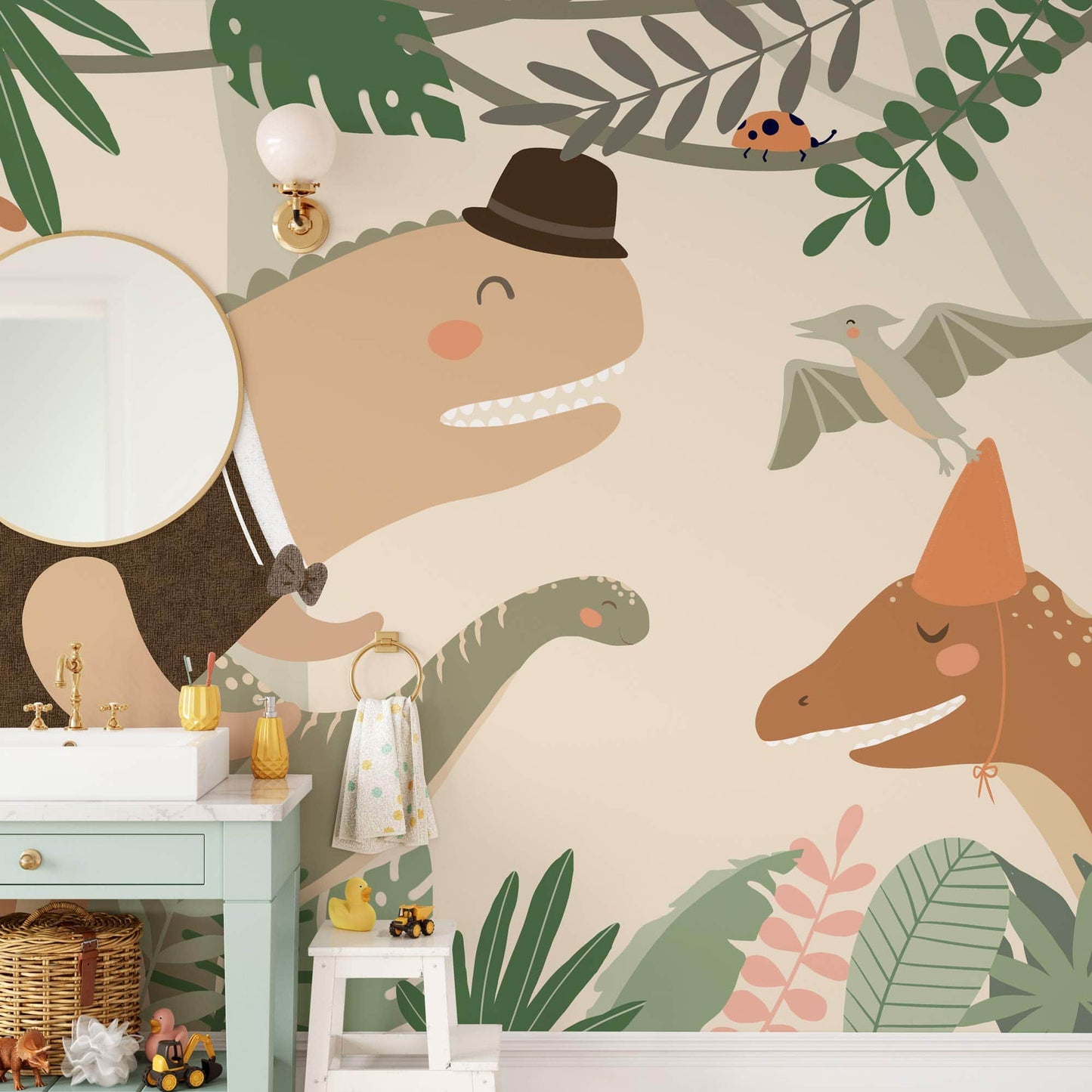 Whimsical Dinosaur Jungle Kids Mural Wallpaper in bathroom