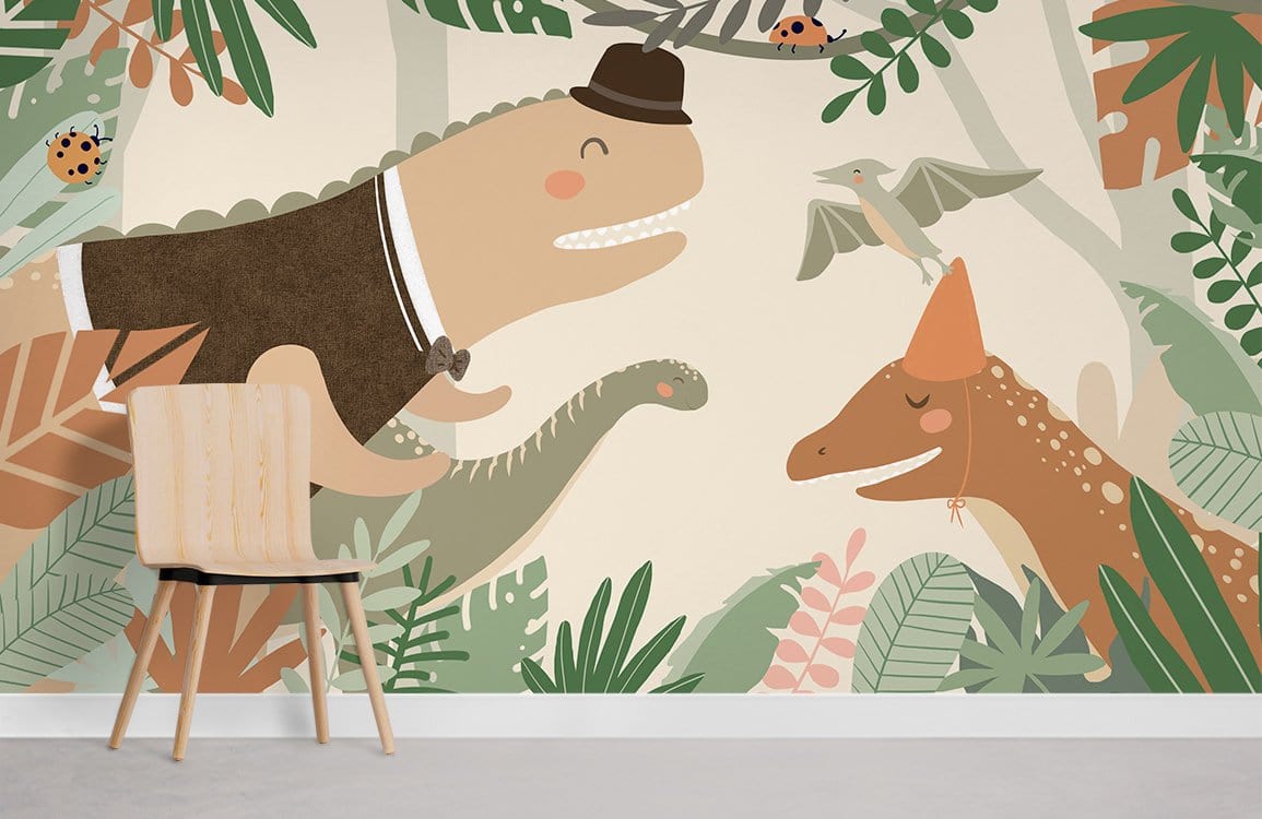 Whimsical Dinosaur Jungle Kids Mural Wallpaper in playroom