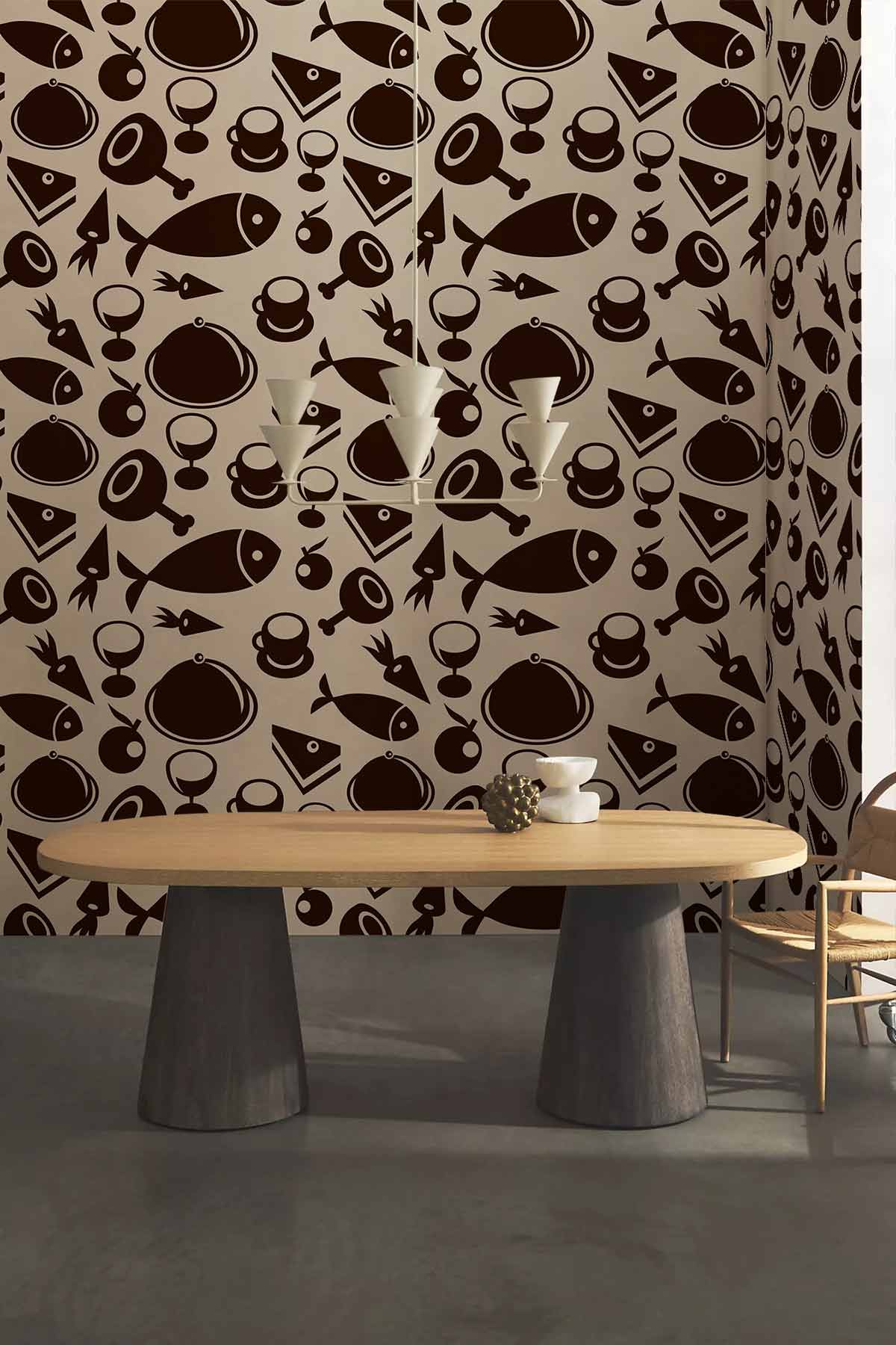 Retro Abstract Geometric Brown Mural Wallpaper in dining room