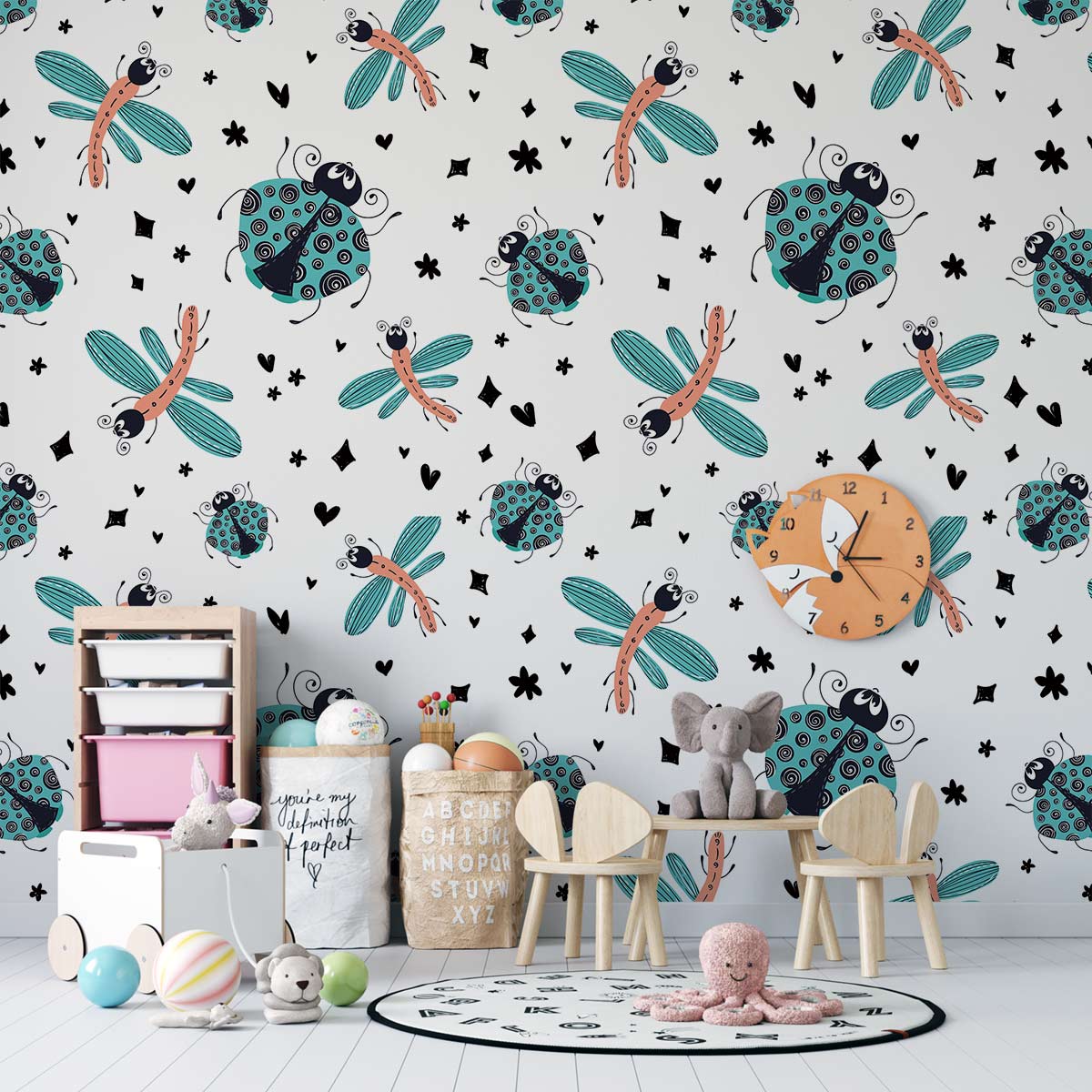 Whimsical Insect Pattern Kids Room Mural Wallpaper in playroom