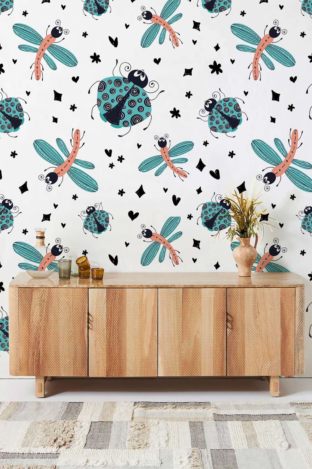 Whimsical Insect Pattern Kids Room Mural Wallpaper in living room