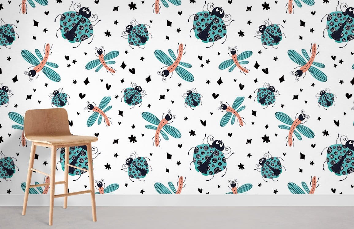 Whimsical Insect Pattern Kids Room Mural Wallpaper in playroom