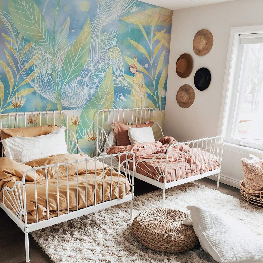 Whimsical Botanical Forest Mural Wallpaper in bedroom