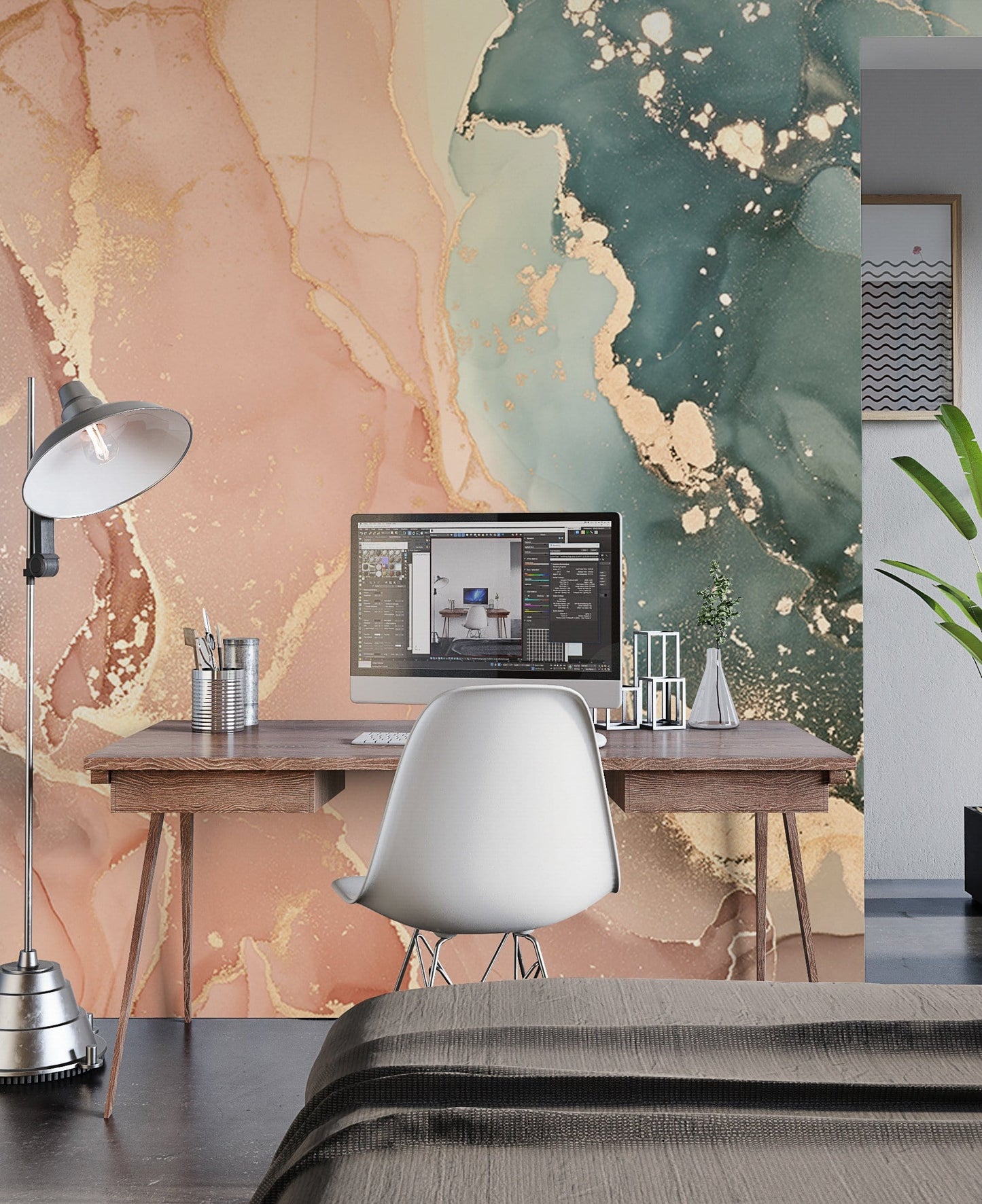 Wallpaper Mural with Pink and Gold Swirls for Home Office Decor