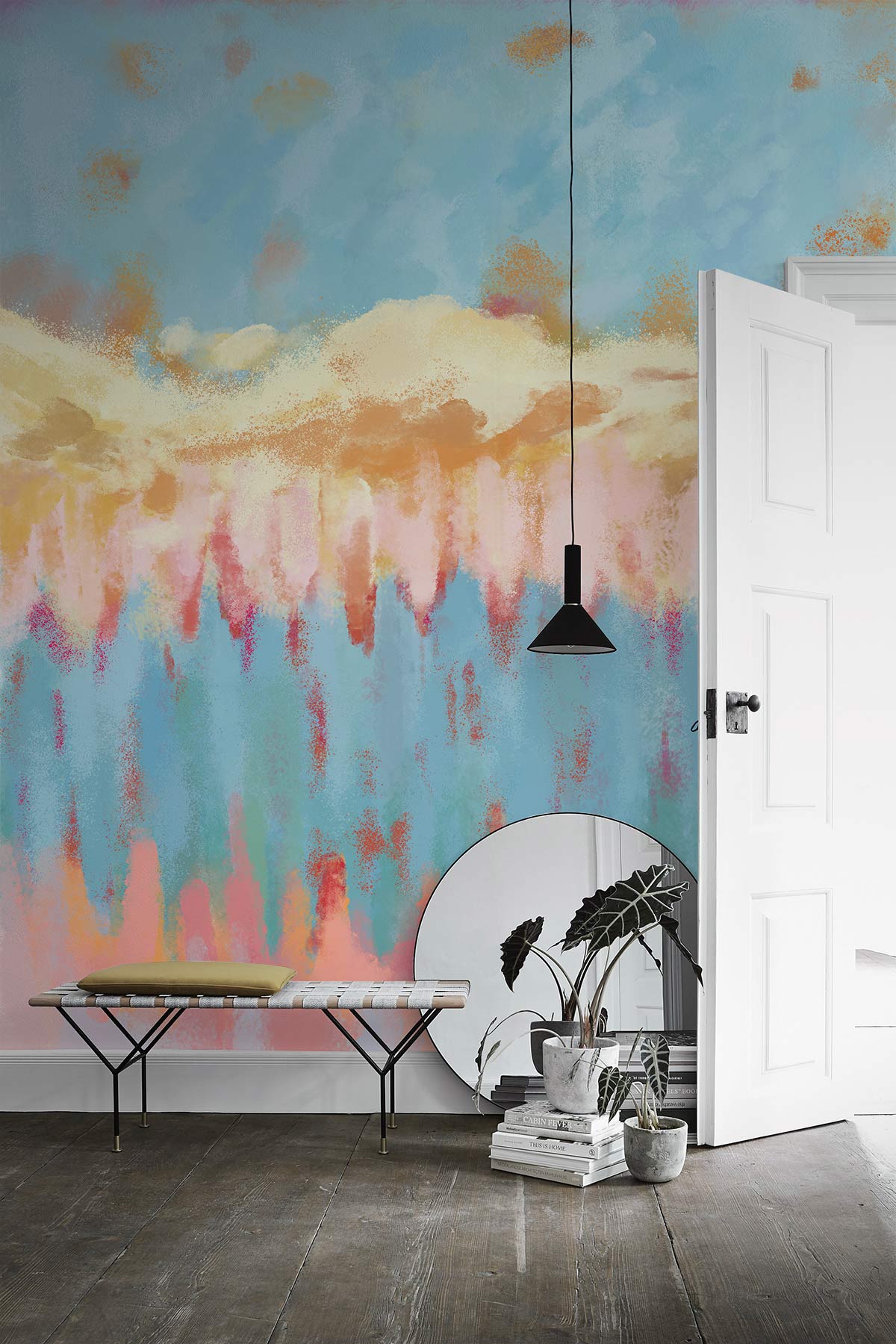 Abstract Watercolor Skyline Mural Wallpaper in entryway