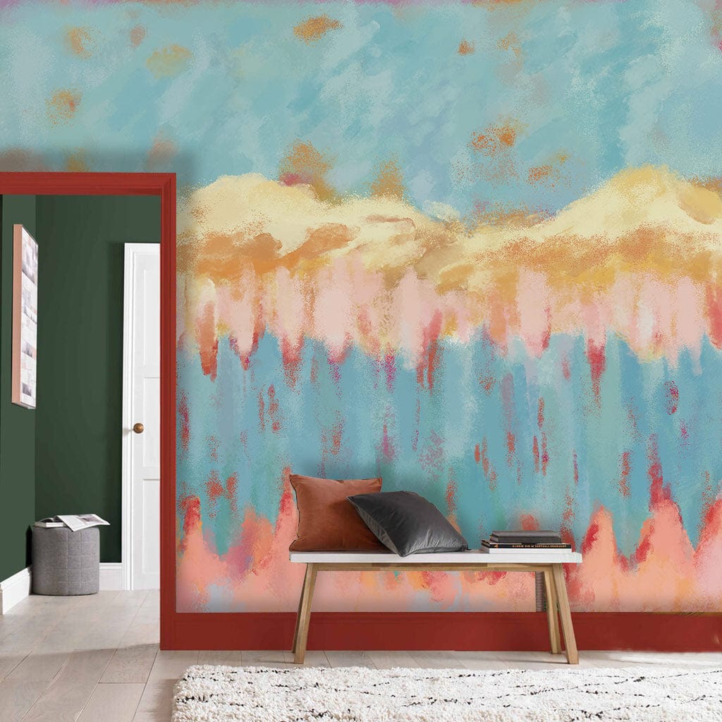Abstract Watercolor Skyline Mural Wallpaper in entryway