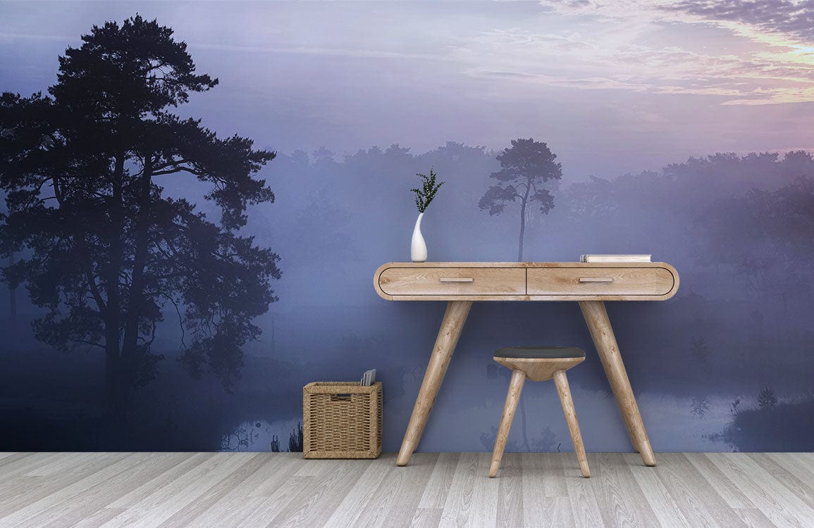 Wallpaper mural for the hallway that features a dreamy purple forest with a misty sky.