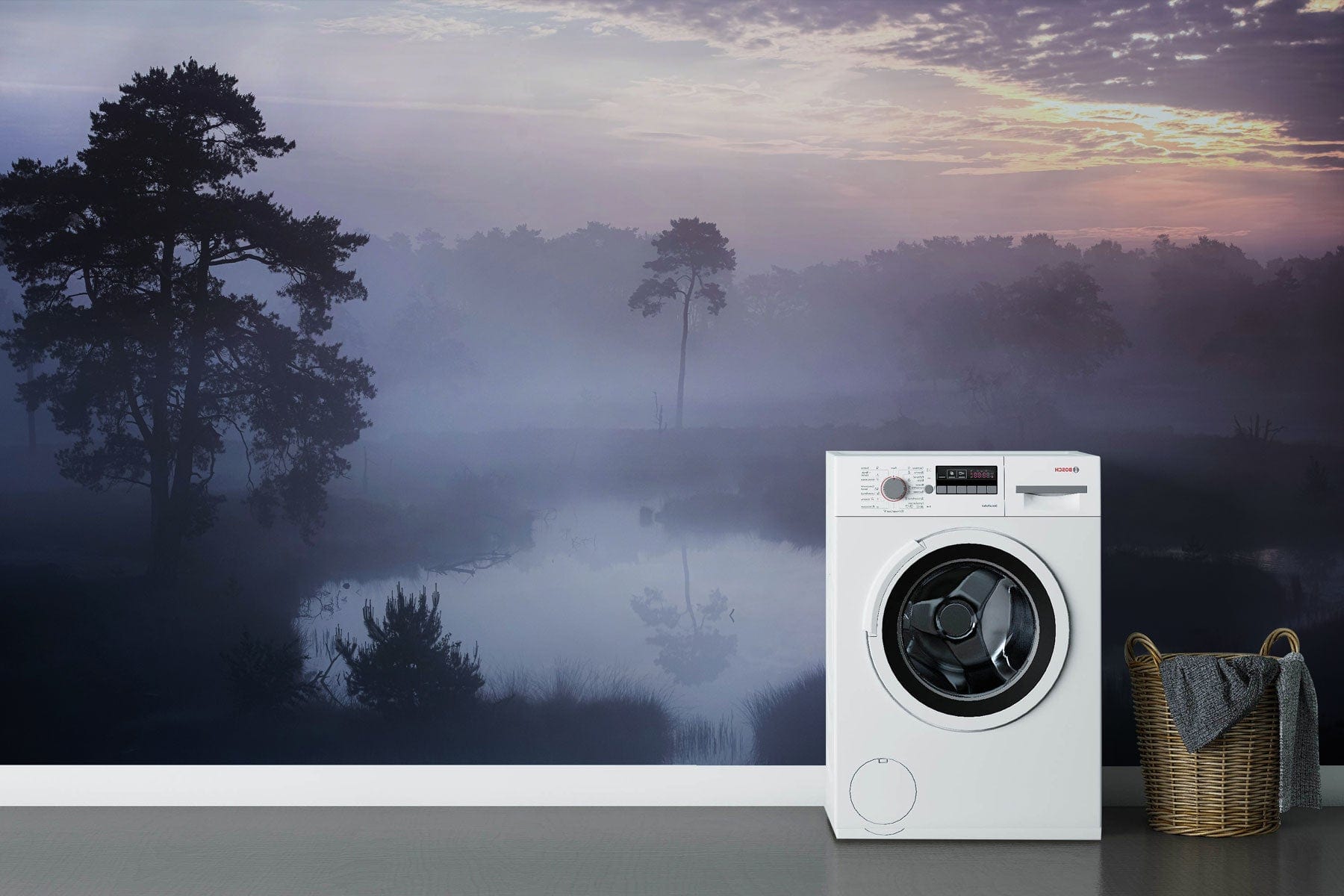 Wallpaper mural for the bathroom with a fanciful scene of a purple misty forest