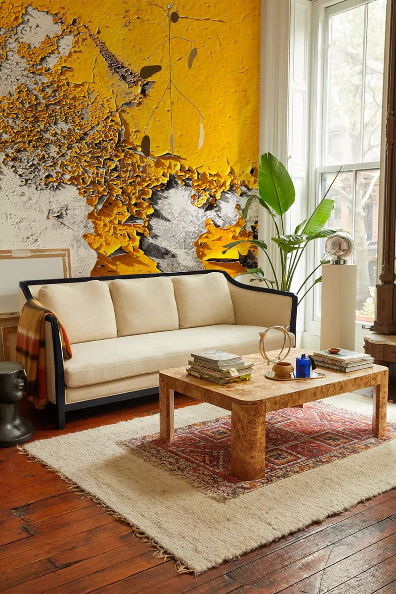 Wallpaper mural with dry yellow paint for use in decorating the living roomWallpaper mural with dry yellow paint for use in decorating the living room