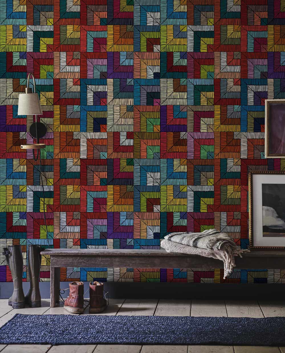 Colorful Geometric Textured Mural Wallpaper in entryway