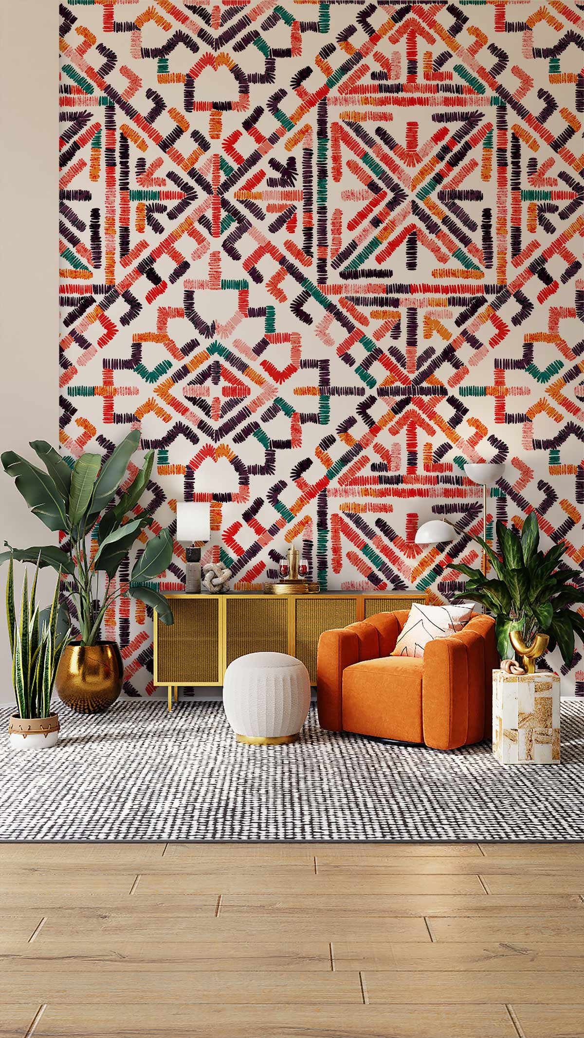 Colorful Geometric Boho Wallpaper Mural in living room