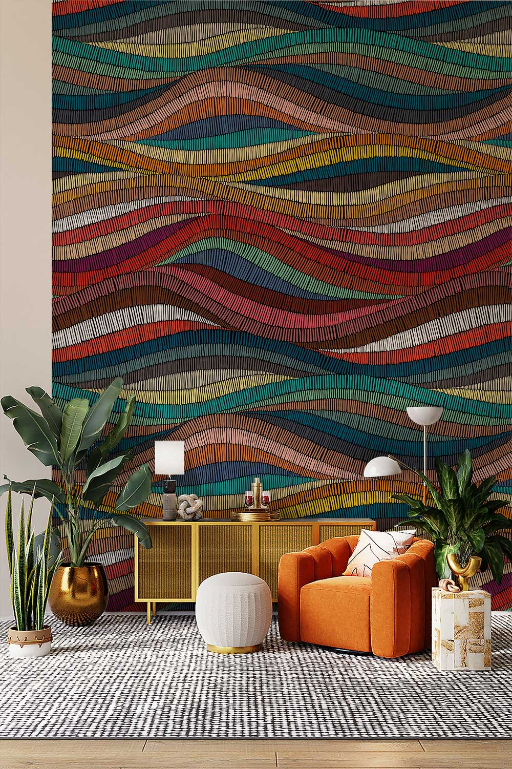Colorful Abstract Wave Pattern Mural Wallpaper in living room
